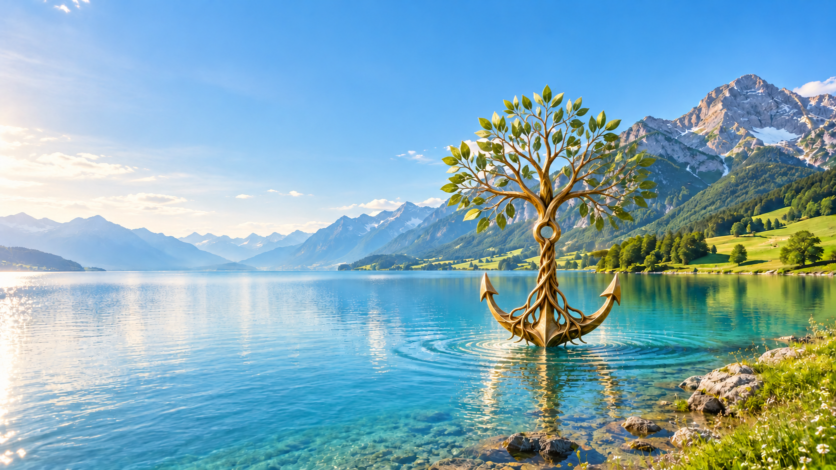 Sonniger Bergsee mit goldenem Baum-Anker, grüner Baumkrone und sanften Wellenringen
