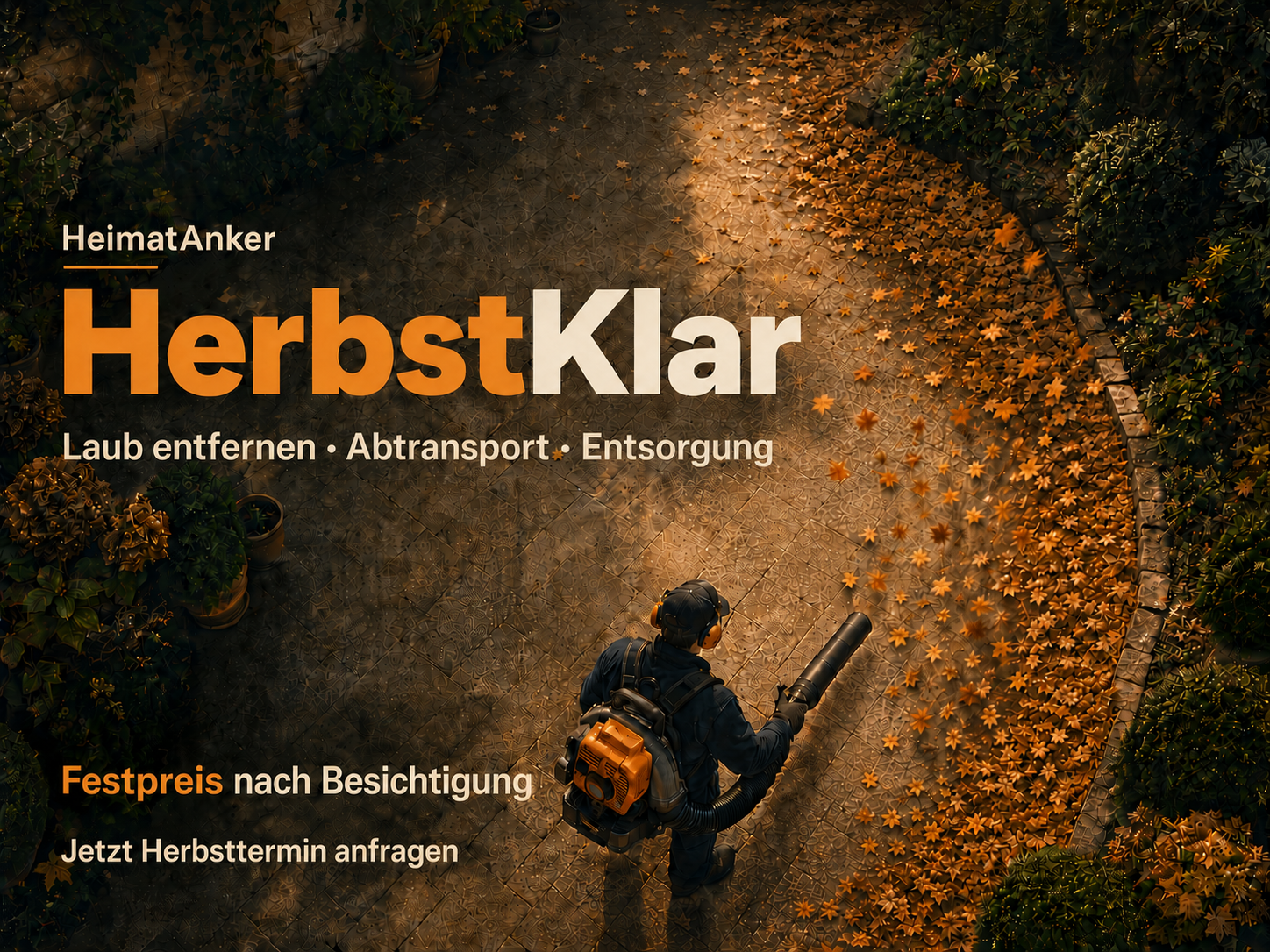 HerbstKlar von HeimatAnker: Laubservice mit Laubbläser auf einem gepflasterten Weg. Laub entfernen, Abtransport und Entsorgung. Festpreis nach Besichtigung.